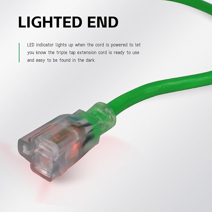 EP 3 Ft Outdoor Extension Cord, 12/3 SJTW Heavy Duty Waterproof Power Cable, 3 Prong Grounded Plug, Lighted End, for Lawn, Garden, Appliances, Green