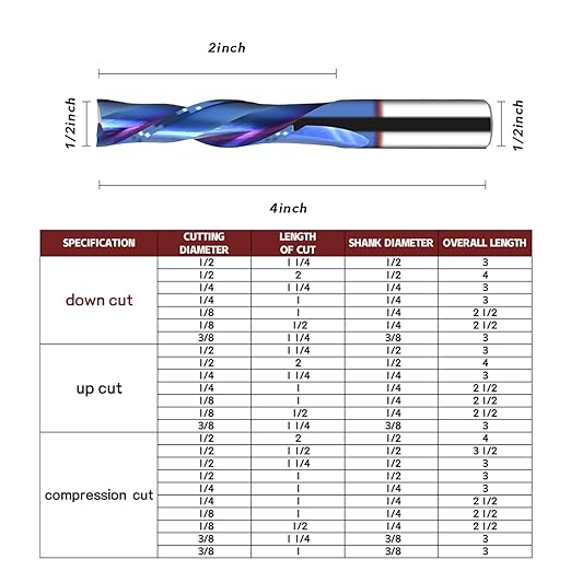 1/2 Downcut Spiral Router Bit with 1/2 Shank Extra Long 4'' OVL Nano Blue Coating Carbide 2 Flute Down Cut Router Bit for Wood Plywood Cutting Carving CNC Endmill 2'' Cut Diameter