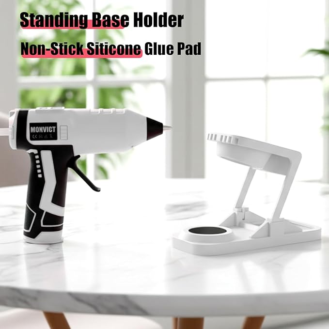 MONVICT Cordless Hot Glue Gun with Holder Base - Digital Display & Adjustable Temp, Smart Auto-Off, Stand with Silicone Pad, 7.4V 2.6A Rechargeable Battery, 10 Glue Sticks, Fast Heating for DIY Crafts
