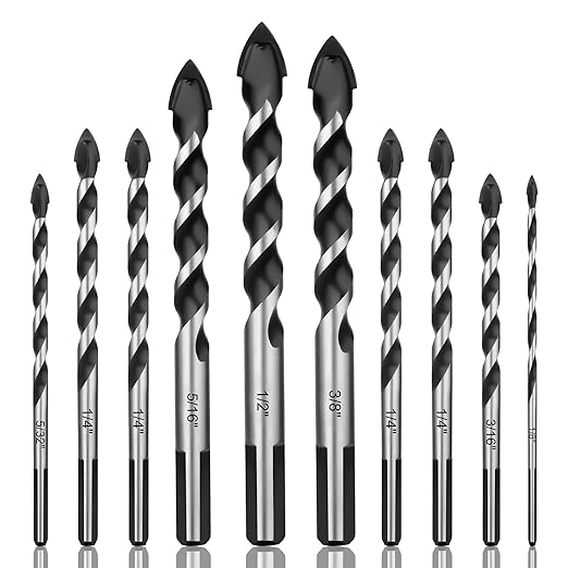 HPHOPE Masonry Drill Bit Set, 10 Piece Concrete Drill Bit Set for Tile, Glass, Ceramic, Brick ??1/8 to 1/2 Inch Triangle Shank, Tungsten Carbide Tips
