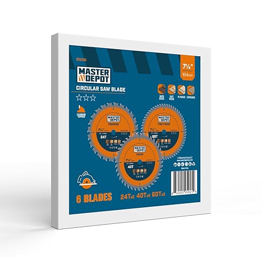 7-1/4 Inch Circular Saw Blade Set, 24T & 40T & 60T Woodworking Saw Blades for Framing & Finish & Fine Finish, Carbide-Tipped ATB, Thin Kerf (6-Pack)