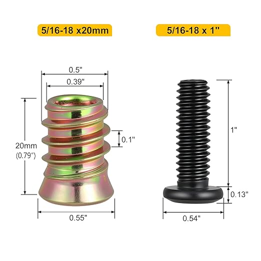 Threaded Inserts and Bolts Set, 21 Sets, 5/16-18 x 20mm Threaded Inserts for Wood, 5/16-18 x 1" Furniture Screws, 5/16 Bolt Flat Head 304 Stainless Steel, Hex Socket Drive, with 2Pcs Hex Wrench