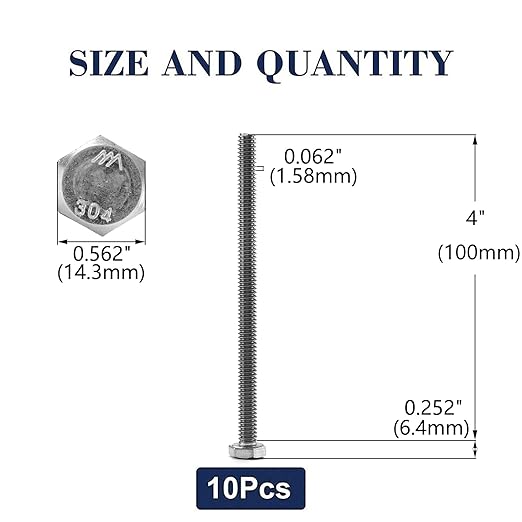 3/8-16 x 4 Hex Head Screw Bolt, 10Pcs 18-8 (304) Stainless Steel, Fully Threaded, Plain Finish, by SG TZH