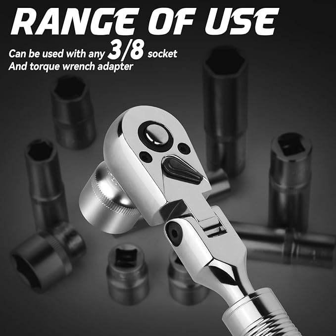 DISEN 3/8" Drive Extendable Ratchet,72-Tooth Flex-Head Ratchet Wrench with Quick Release Locking竊똕oft-Grip with Reversible Switch,Full-Polished Chrome Plating