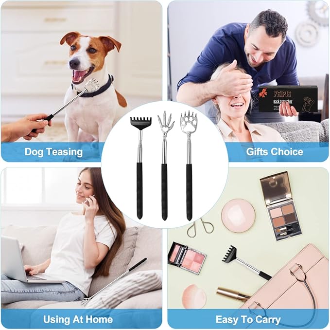 3 Pack Back Scratcher Metal Portable Telescoping with Rubber Handles, Extendable Back Massager Tool with Beautiful Box, White Elephant Stocking Stuffers Gifts for Men Women Christmas Presents