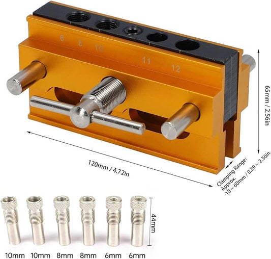 Self Centering Doweling Jig Kit Metric Adjustable Width Dowel Jig Kit for Straight Holes, Biscuit Joiner Set, 6 Bushings Power Tool Accessory Jigs for Straight Holes (Gold)