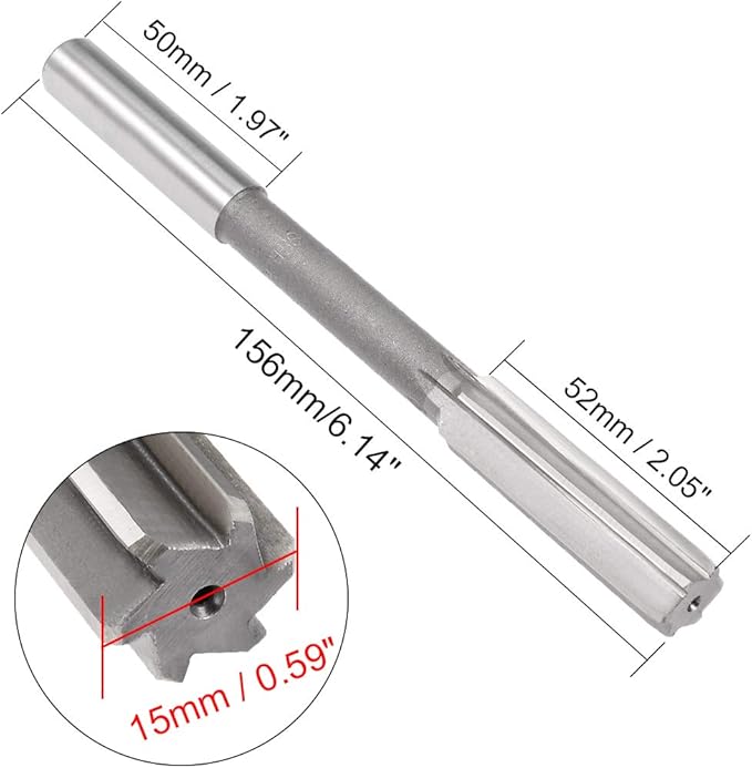 uxcell Chucking Reamer 15mm, H7 HSS Lathe Machine Reamer 6 Straight Flutes, Round Shank Milling Cutting Tool, Metric Reaming Drill Bit for Stainless Steel Metal Hole