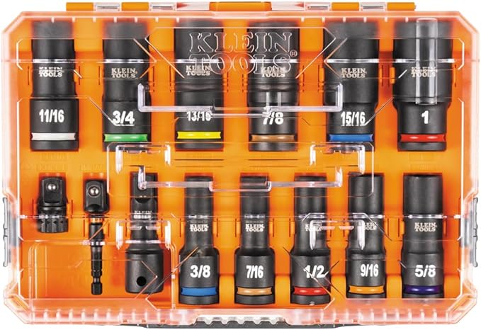 Klein Tools 65111IMPCT KNECT Deep-Well Impact Socket Set, 1/2-Inch Drive, SAE, Color Coded, MODbox Case, Impact Adapter and Extension, 14-Piece