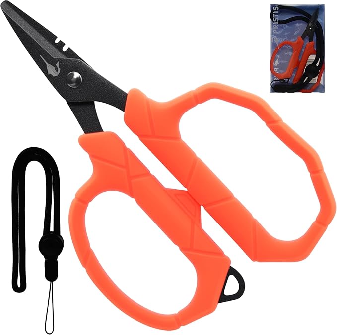 Pristis Fishing Scissors with Lanyard, Stainless Steel Blades Line Cutter with Non-slip Grip, Saltwater Durable Micro Serrated Edge Multi Tool, Small Mini Gear Kit for Braided Mono Fluorocarbon Line