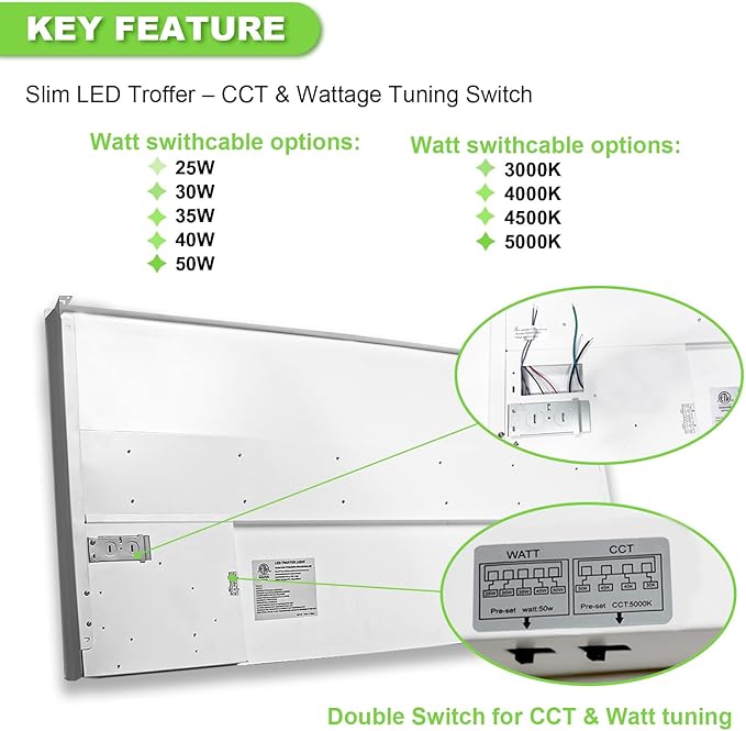 Cortelco 2x4 LED Troffer Light-25W/30W/35W/40W/50W,Up to 7500 Lumens,4 CCT Selectable 3000K/3500K/4000K/5000K,0-10V Dimmable Drop Ceiling Panel,100-277V,ETL & DLC Listed,Commercial Grade,4-Pack
