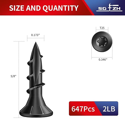 #8 x 5/8" Deck Screws (647Pcs) 2lb. Carbon Steel, Black, Flat Head, Rust Resistant epoxy Coated, with T25 Star Bit