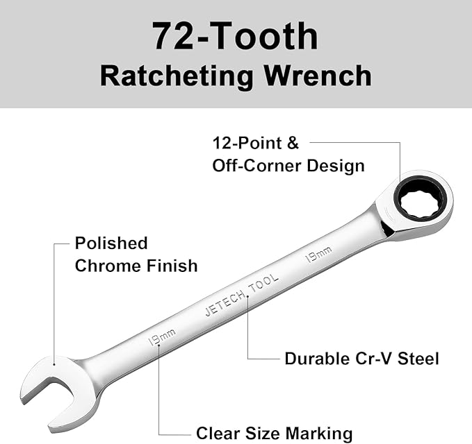 Jetech 19mm Ratcheting Combination Wrench, Industrial Grade Gear Spanner with 12-Point 72-Tooth Ratchet, Forged and Heat-Treated Cr-V Steel, Metric