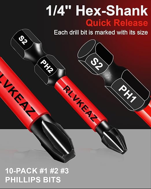 10-Pack Phillips Bits #1#2#3 Impact Magnetic, 2 Inch Phillips Head Drill & Screwdriver Bits Set, Premium S2 Steel, 1/4" Hex-Shank, (PH1/PH2/PH3) for Power Drill, Professional & DIY