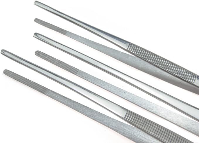SE 3-Piece Stainless Steel Tweezer Set with Serrated Tips - Includes 8", 10", and 12" Sizes for Precision Work and General Use TW2-408
