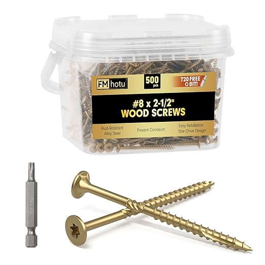 #8 x 2-1/2” Deck Screws, 500Pcs Star Drive Wood Screws, Rust Resistant Timber Screws for Timber/Log/Landscaping Wood, T20 Star Bit Included, Gold