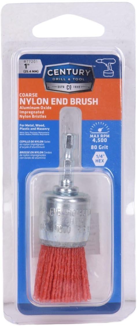 Century Drill & Tool 77201 1" Coarse Nylon End Brush, 80 Grit, 1/4" Quick Change Shank, 4,500 RPM - Nylon Bristles for Metal, Wood, Plastic, Masonry