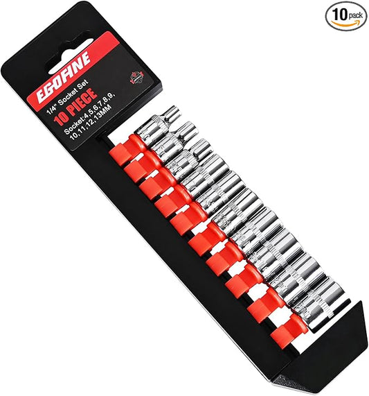 Egofine 10PCS 1/4??Drive Standard Socket Set,Shallow Socket Set,Metric竊?-13mm,6 Point Socket With Hanging Bracket,Cr-V Steel