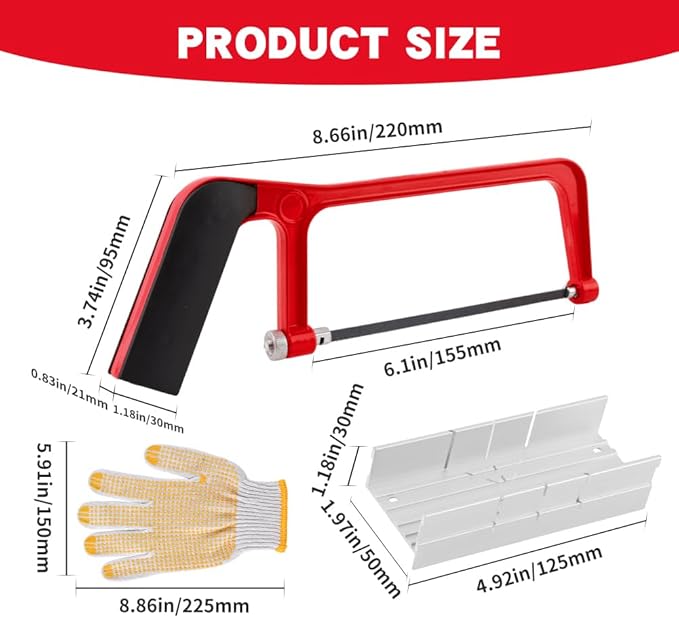 Mini Metal Mitre Box and Saw Set, 6 Inch Extra Fine Cut Hand Saw with 2 Hacksaw Replacement Blades & Gloves for Crafts, Hobby Projects, Cutting Wood, Soft Metal (Red)