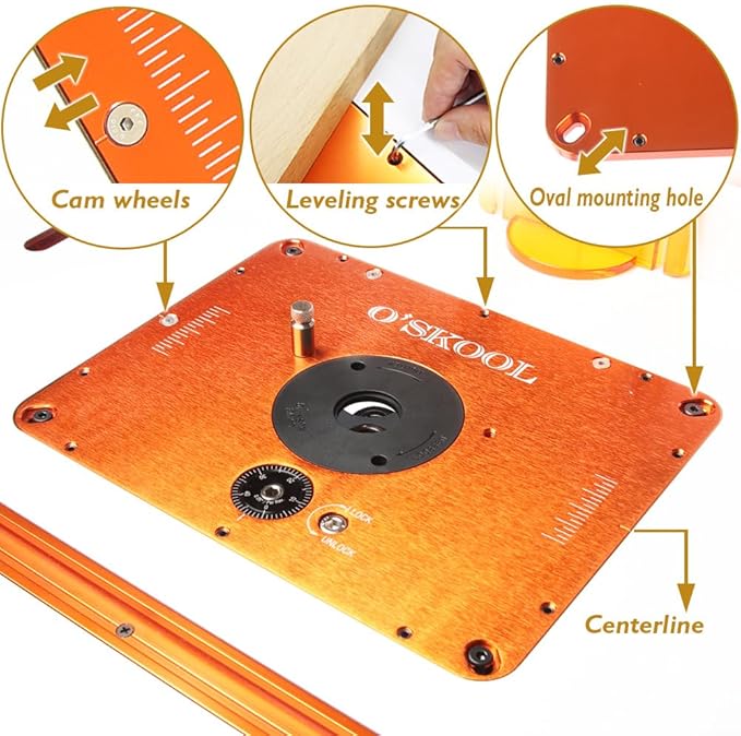 O'SKOOL Router Lift Systems for 3-1/2" Diameter Motors, 9-1/4'' x 11-3/4'' Plate 5-Piece Insert Ring Kit, RTS05