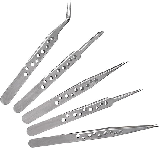 5 Packs Precision Tweezers Stainless Steel Fine Pointed Curved Tweezer Long Sharp Tweezers Kit for Electronics Repair Crafting Jewelry Making Industrial