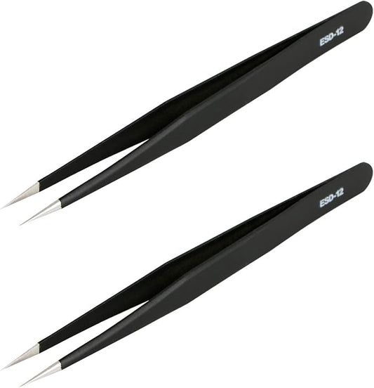 Aoje-Link ESD-12 Professional Anti-Static Precision Technology Tweezers, Non-magnetic Fine Tip Straight, Stainless Steel Plastic Coated, Full Length 135mm, Black, 2pcs