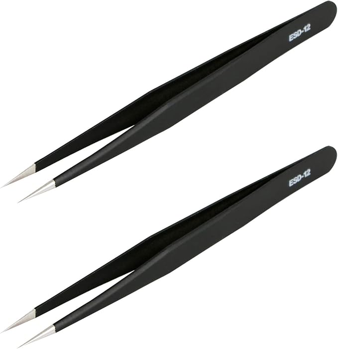 Aoje-Link ESD-12 Professional Anti-Static Precision Technology Tweezers, Non-magnetic Fine Tip Straight, Stainless Steel Plastic Coated, Full Length 135mm, Black, 2pcs
