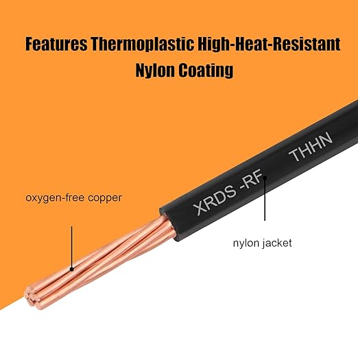 XRDS-RF THHN Wire 100FT, 8AWG Stranded Copper THHN Electrical Wire, Black Nylon-Coated Thermoplastic Insulated Cable for Indoor Conduit Wiring, 600V Rated
