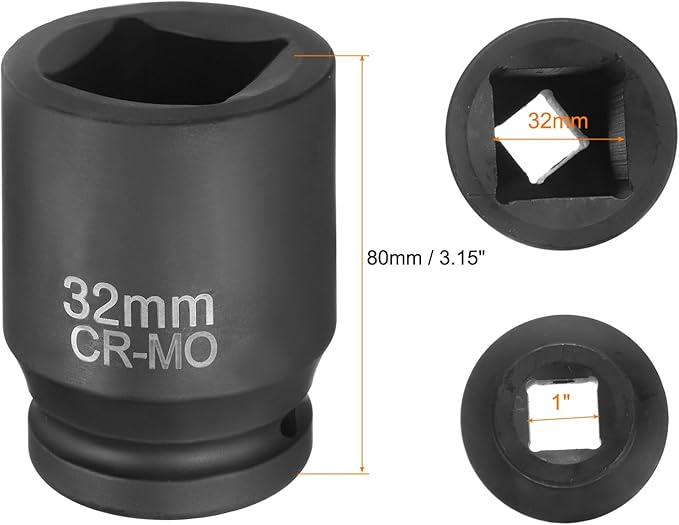 HARFINGTON 4 Point Square Socket 1" Drive 32mm Metric Square Impact Socket CR-MO Blackening Standard Wheel Sleeve Pneumatic Sleeve Tool for Auto Repair Mechanical Maintenance Home Use
