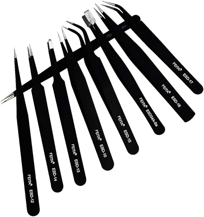 Precision Tweezer Set - FEITA Professional ESD Stainless Steel Anti static Tweezers Kit for Electronic, craft, Jewelry, Watchmakers, Hobby (Black 9 Pcs)