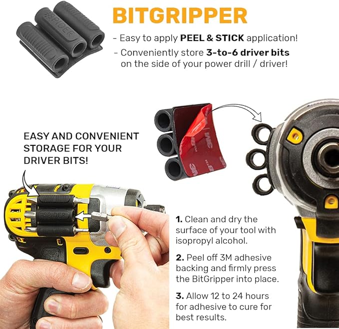 Spider Tool Holster - BitGripper v2 - Pack of Four - High Strength 3M Adhesive Drill add-on for Easy Access to six Driver bits on The Side of Your Power Drill or Driver!