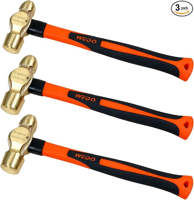 WEDO 3PCS Brass Ball Peen Hammer Set, 16 oz+24 oz+40 oz(1lb+1-1/2lb+2lb-1/2lb), Brass Ball Pein Hammer Set with Fiberglass Handle, Die-Forged, Corrosion Resistant, DIN Standard