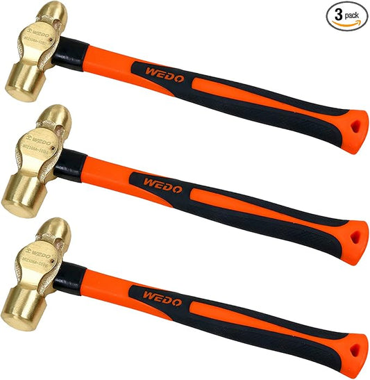 WEDO 3PCS Brass Ball Peen Hammer Set, 16 oz+24 oz+40 oz(1lb+1-1/2lb+2lb-1/2lb), Brass Ball Pein Hammer Set with Fiberglass Handle, Die-Forged, Corrosion Resistant, DIN Standard
