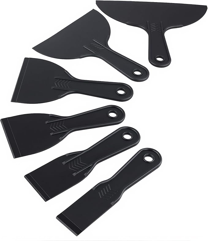 24 PCS Putty Knife Set, 6 Sizes Plastic Putty Knife Scraper, Flexible Plastic Paint Scraper Tool for Spackling, Wallpaper Scraper Tool, Black