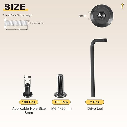 METALLIXITY Furniture Crib Screws Replacement Set with Wrench(M6-1x20mm) 200Pcs, Galvanization Connector Bolts M6 Screw Barrel Nuts Binding Screws, for Chair Cabinet Bed, Black