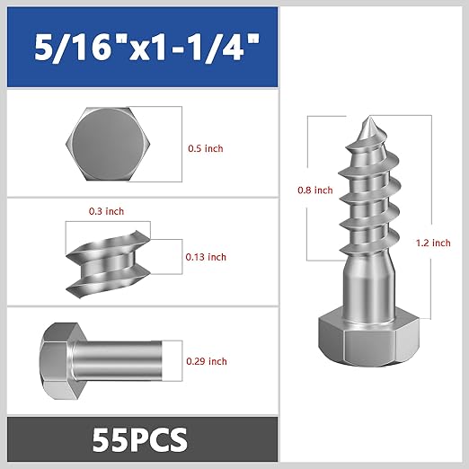 Lag Screws Wood Screws (55PCS, 5/16" x1-1/4, Silver) Hex Head Lag Bolts,(8x30) Heavy Duty Lag Screws,304 Stainless Steel Bolts 18-8