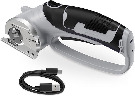 Cordless Electric Scissors, 4V Rechargeable Box Cutter & Cardboard Cutter with Titanium Blade, LED Light, Safety Lock - Rotary Cutter for Fabric, Leather, Carpet, Plastic, Crafting, Sewing (Grey)