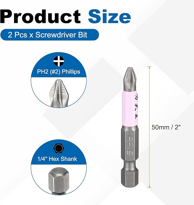 HARFINGTON 2pcs #2 Phillips Impact Screwdriver Bit PH2 1/4" Hex Shank 2" (50mm) Magnetic Anti Slip Cross Head Drill Bits K5 Steel Screw Driver Tool, Pink