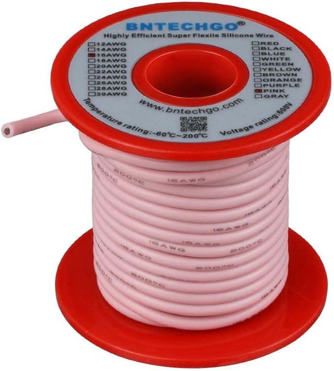 BNTECHGO 16 Gauge Silicone Wire Spool 50 ft Pink Flexible 16 AWG Stranded Tinned Copper Wire