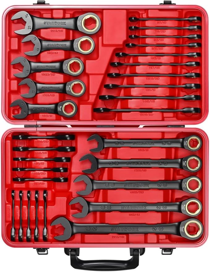 STARWORK TRUE MECHANIC??30-Piece, 120T SAE&Metric Ratcheting Wrench Set, Gift Series with Red case, Professional