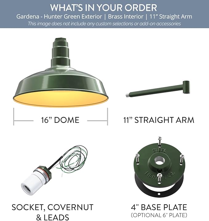 Steel Lighting Co. | Dusk to Dawn | Gardena Barn Light | Outdoor Wall Mounted | 16" Dome | 11" Straight Arm | Farmhouse Light Made in America | Hunter Green/Brass