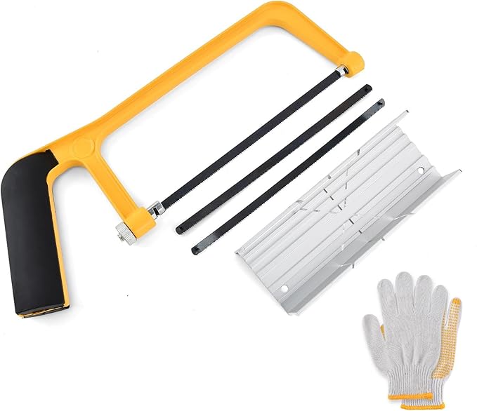Mini Metal Mitre Box and Saw Set, 6 Inch Extra Fine Cut Hand Saw with 2 Hacksaw Replacement Blades & Gloves for Crafts, Hobby Projects, Cutting Wood, Soft Metal(COLOR:Yellow)