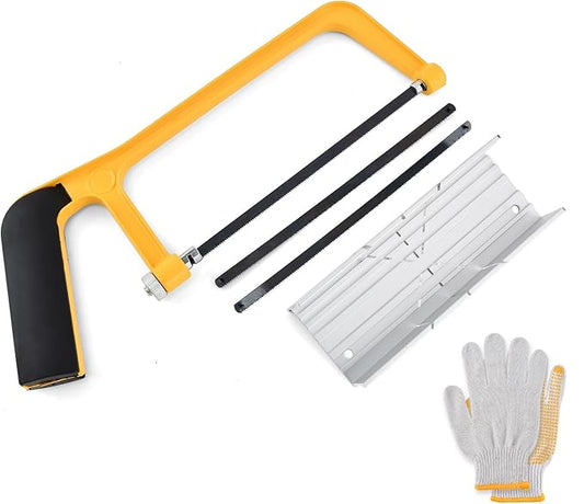 Mini Metal Mitre Box and Saw Set, 6 Inch Extra Fine Cut Hand Saw with 2 Hacksaw Replacement Blades & Gloves for Crafts, Hobby Projects, Cutting Wood, Soft Metal(COLOR:Yellow)