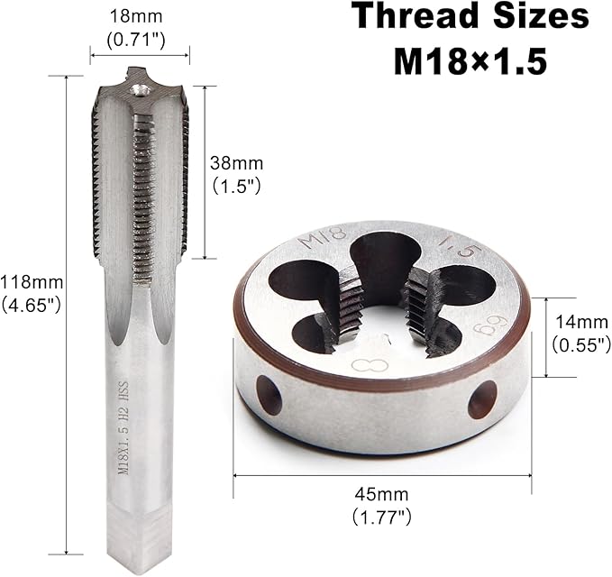 YUEARN M18 X 1.5mm Metric Tap and Die Set HSS Straight Fluted Machine Thread Tap Right Hand Screw Tap and Round Thread Die