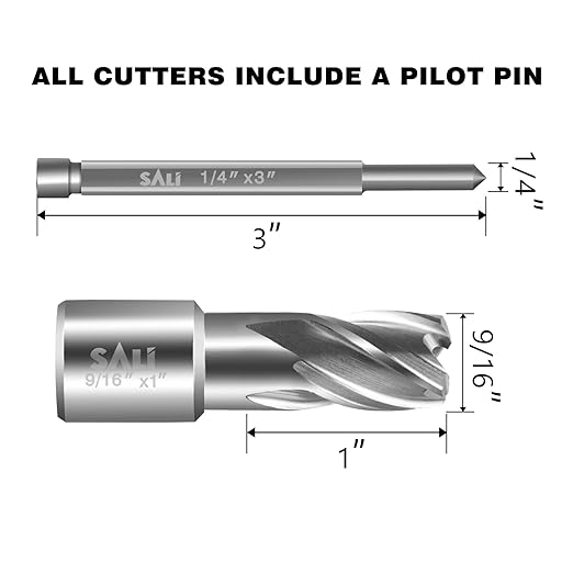 SALI Annular Cutter Diameter 9/16 Inch with Weldon Shank 3/4" (with 2 Flats) Cutting Depth 1" Mag Drill Bit for Magnetic Drill Press HSS Fully Ground Drill with One 1/4"*3" Pilot Pin
