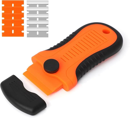 Locking Razor Blade Scraper with Safety Cap Glass Cooktop Scraper with Extra 10 Plastic Razor Blades and 10 Metal Blades for Glass Clean Paint and Old Label Decal Sticker Remover