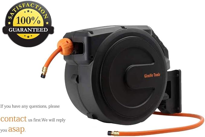 Giraffe Tools Retractable Air Hose Reel Enclosed with 3/8 in. x 50 ft Hybrid Hose, Lightweight Compressor Hose Reel Wall Mounted with 180째 Swivel Bracket, 300 PSI