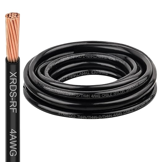 XRDS -RF 4AWG THHN Wire, 10FT Black Stranded Copper Electrical Wire, Nylon Jacket, 600V Rated, Heat & Abrasion Resistant THHN/THWN-2 Cable for Household, Automotive, Solar, RV, Inverter