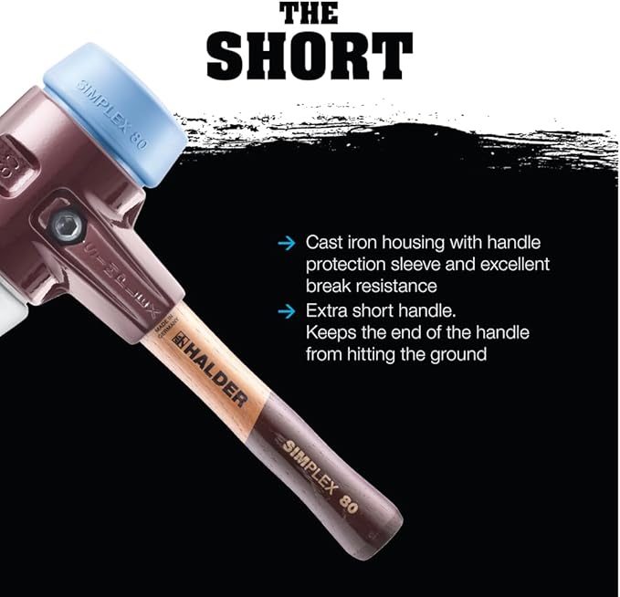 Halder Simplex Soft-Faced Mallet 3028.282 - Medium-Hard "Stand-Up" Rubber Insert, Nylon Insert, Cast Iron Housing with Handle Protection Sleeve, Extra Short Hickory Handle, 80mm, 6.2 lbs.