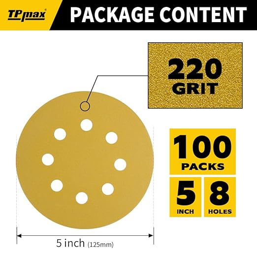 100PCS 5 Inch 220 Grit 125mm 8 Hole Sanding Discs Sandpaper - Premium Gold Round Hook and Loop for Random Orbital Sander - Ideal for Wood, Metal, Automotive
