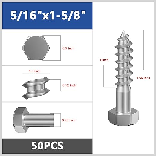 Lag Screws Wood Screws (50PCS, 5/16" x1-1/2, Silver) Hex Head Lag Bolts,(8x40) Heavy Duty Lag Screws,304 Stainless Steel Bolts 18-8